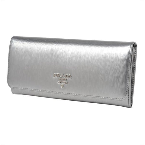 Prada Women's Metallic Cromo Silver Vitello Move Long Leather Flap Wallet 1MH132 at_Queen_Bee_of_Beverly_Hills