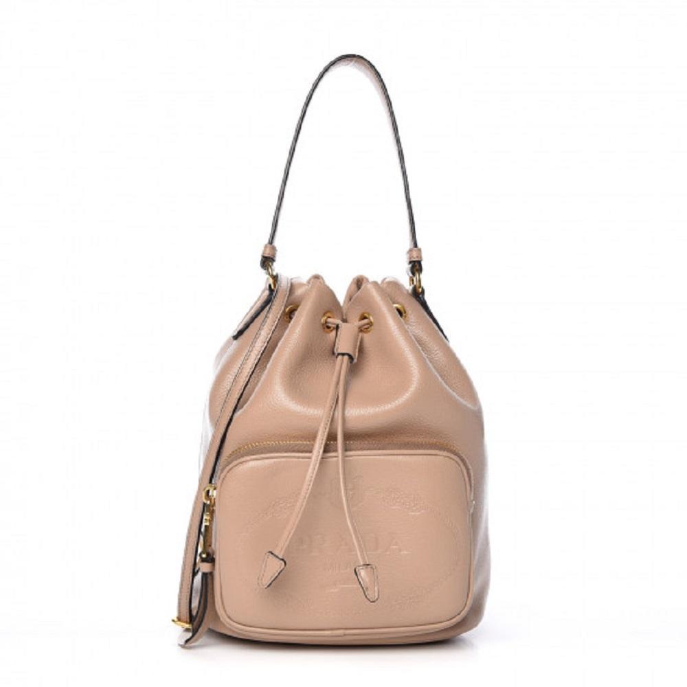 Prada Women's Sechiello Beige Cammeo Glace Calf Leather Bucket Bag 1BH038 at_Queen_Bee_of_Beverly_Hills