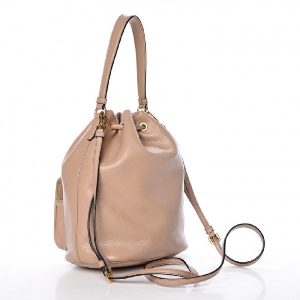 Prada Women's Sechiello Beige Cammeo Glace Calf Leather Bucket Bag at_Queen_Bee_of_Beverly_Hills