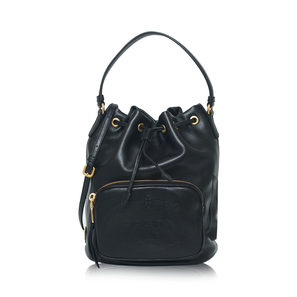 Prada Black Glace Calf Leather Logo Small Bucket Crossbody Bag 