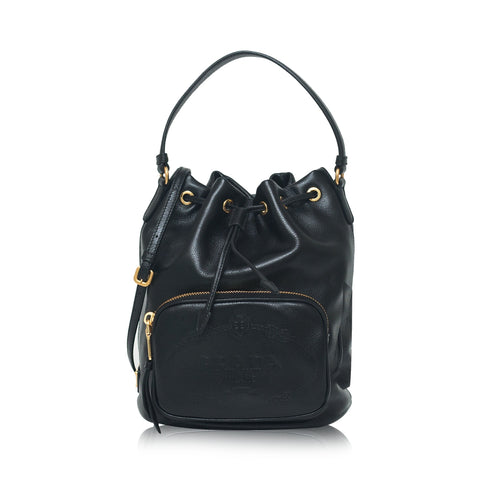 Prada Women's Sechiello Nero Black Glace Calf Leather Bucket Bag at_Queen_Bee_of_Beverly_Hills