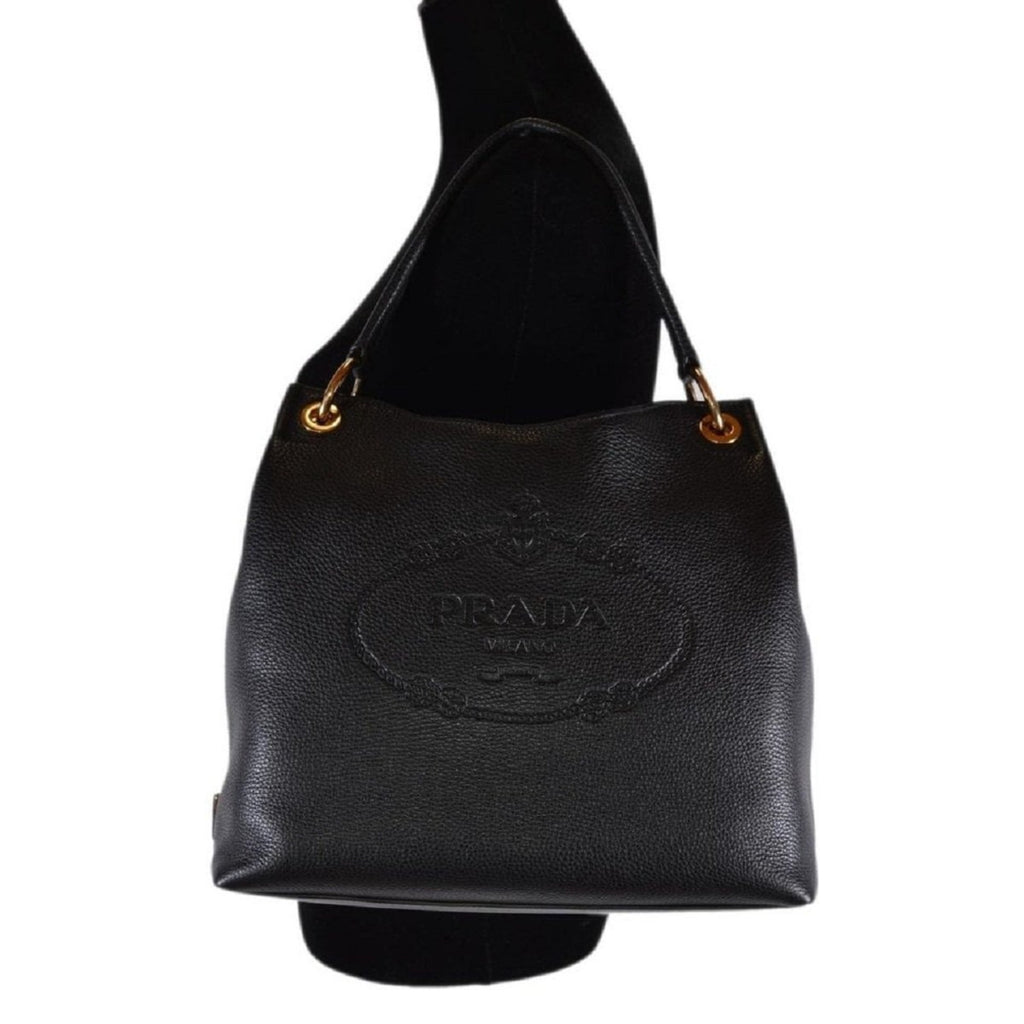 Prada Vitello Phenix Boston Black in Pebbled Leather with Gold-tone - US