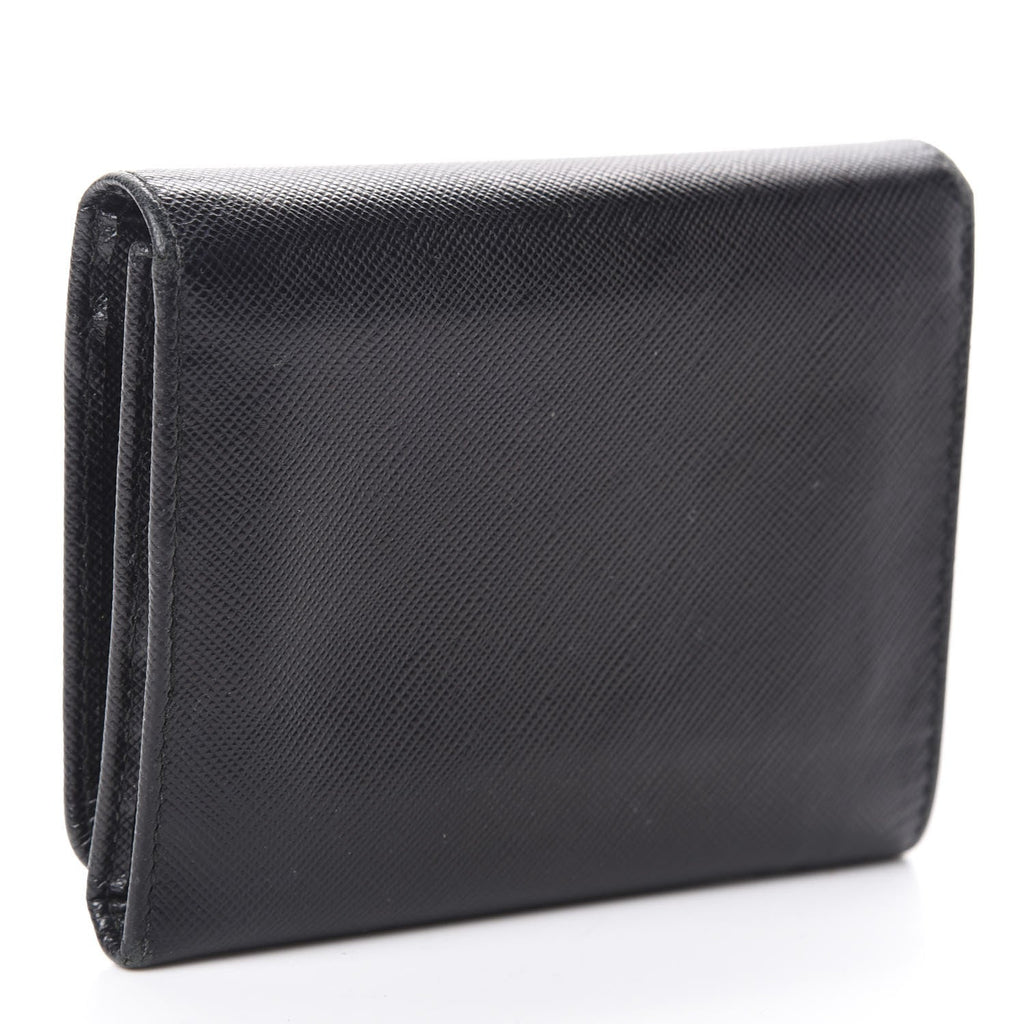 Black saffiano leather bi-fold wallet with studs