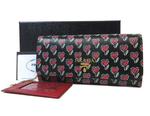 Prada Womens Black Love Hearts Vitello Move Leather Snap Long Wallet 1MH132