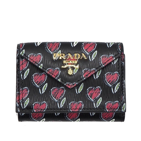 Prada Womens Black Vitello Move Love Hearts Leather Envelope Snap Wallet 1MH021