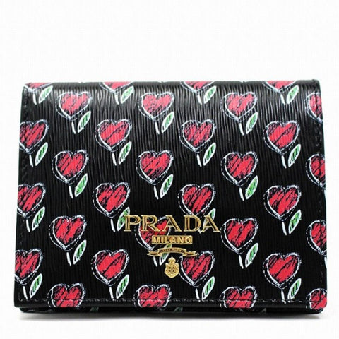 Prada Womens Black Vitello Move Love Hearts Leather Snap Bifold Wallet 1MV204