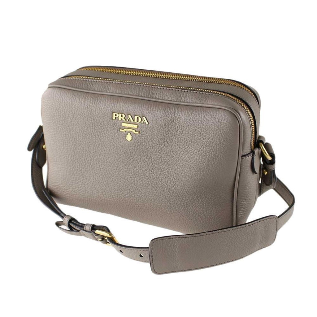 Prada Argilla Grey Vitello Phenix Leather Double Zip Cross Body