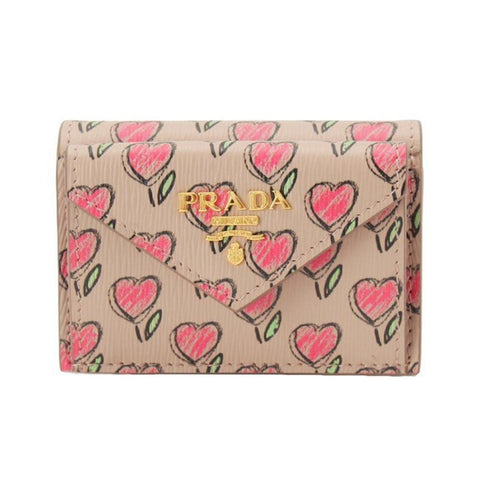 Prada Womens Tan Love Hearts Vitello Move Leather Envelope Snap Wallet 1MH021