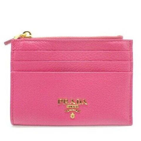 Prada Womens Vitello Grain Peonia Pink Leather Gold Logo Zip Top Card Case 1MC026 at_Queen_Bee_of_Beverly_Hills