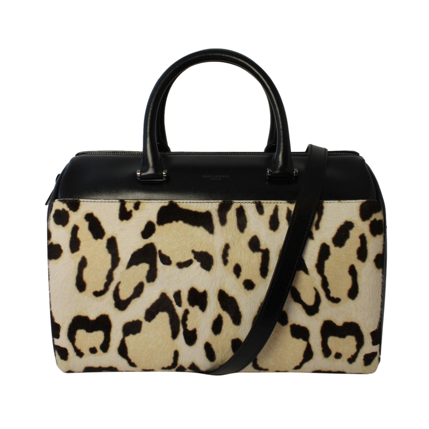 Saint Laurent 12 Hour Calfskin Leather Pony Hair Duffle Bag available at Queen Bee of Beverly Hills