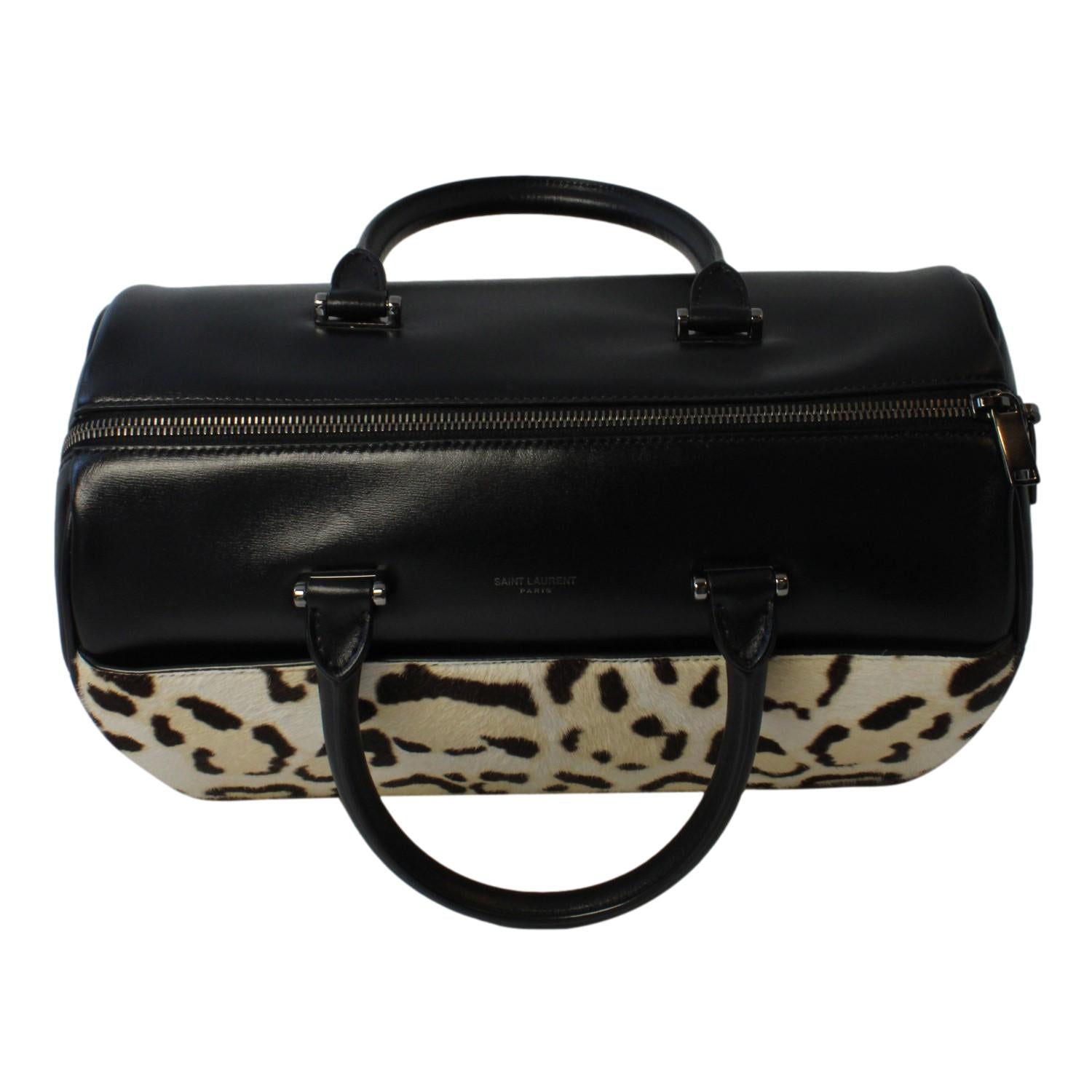 Saint Laurent 12 Hour Calfskin Leather Pony Hair Duffle Bag available at Queen Bee of Beverly Hills