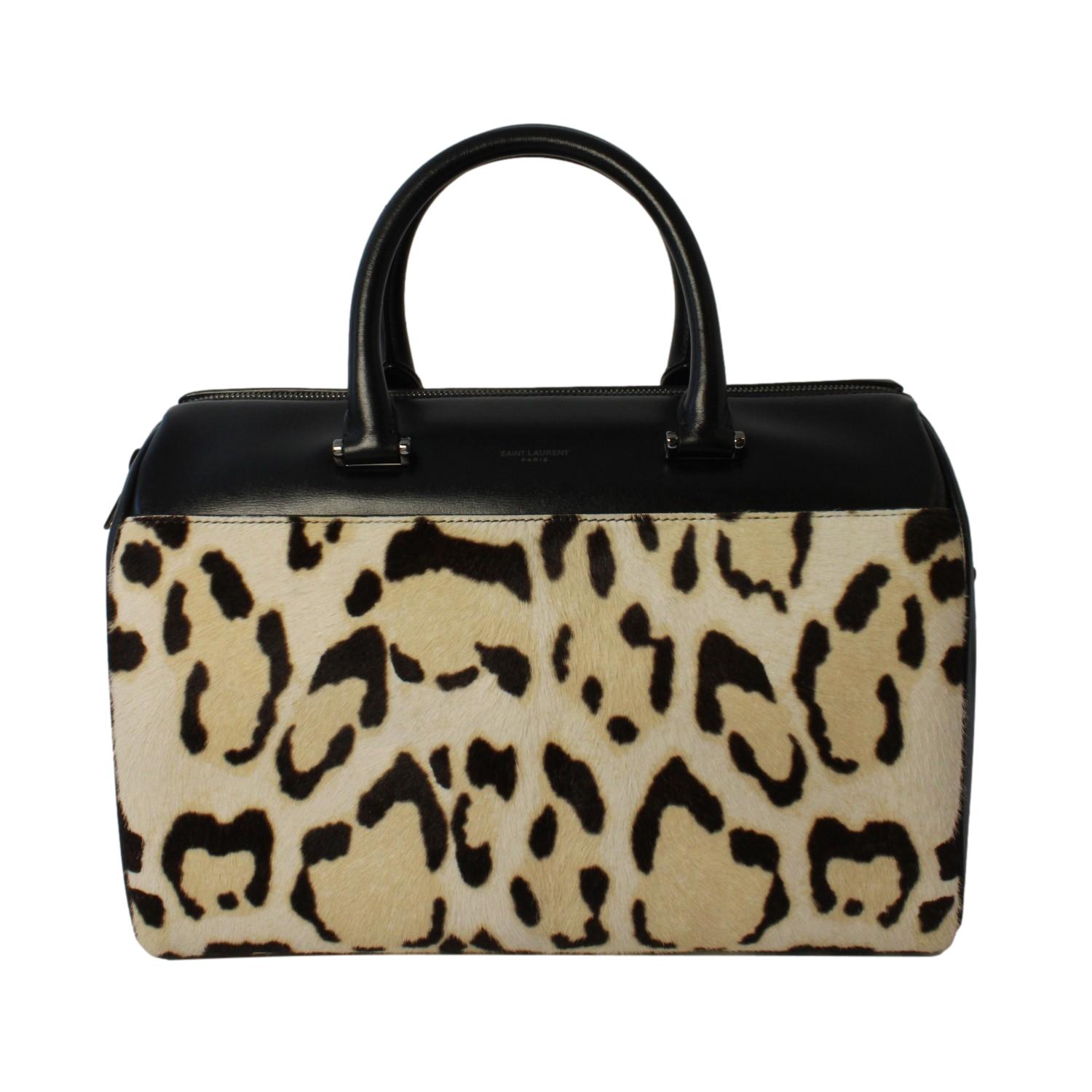 Saint Laurent 12 Hour Calfskin Leather Pony Hair Duffle Bag available at Queen Bee of Beverly Hills