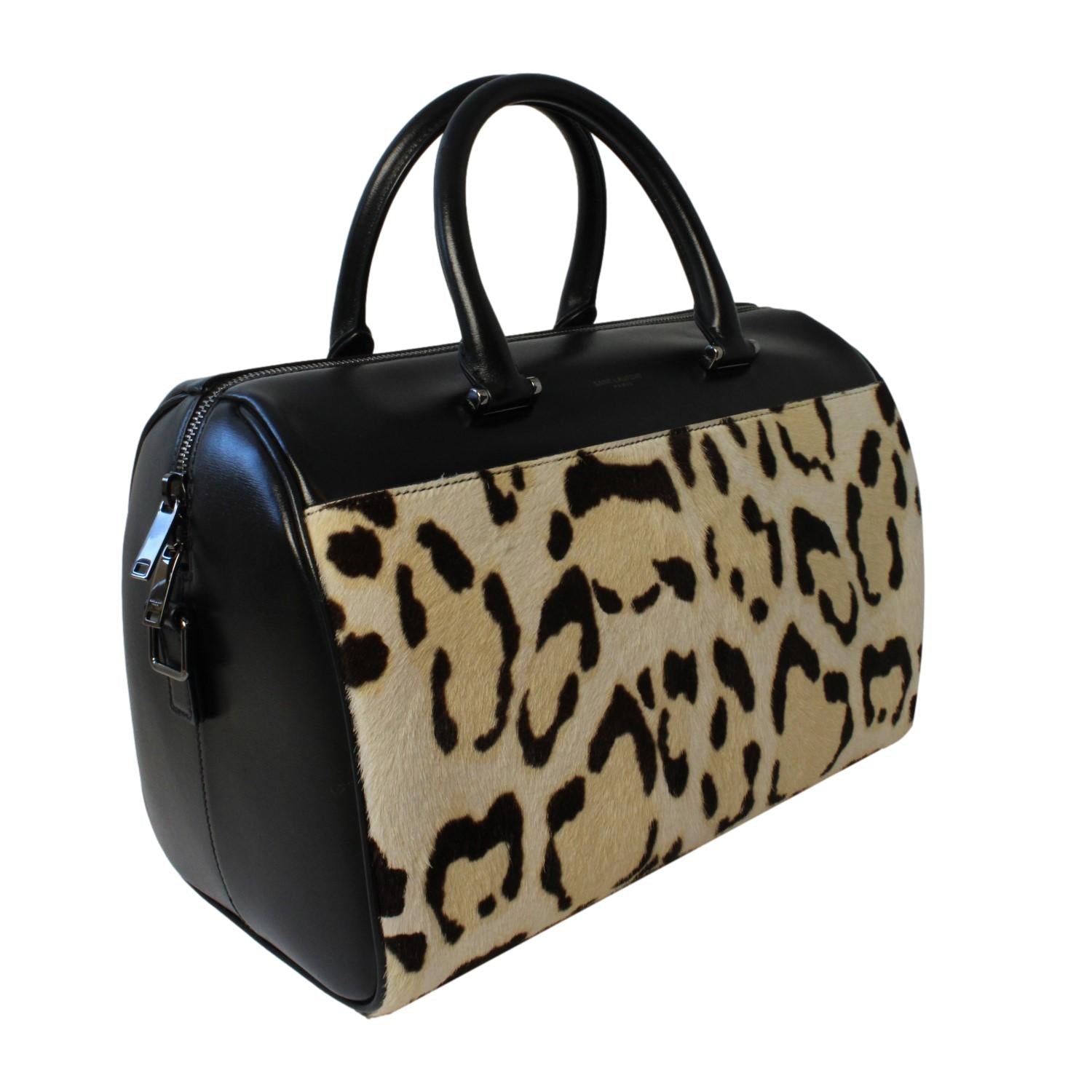 Saint Laurent 12 Hour Calfskin Leather Pony Hair Duffle Bag available at Queen Bee of Beverly Hills