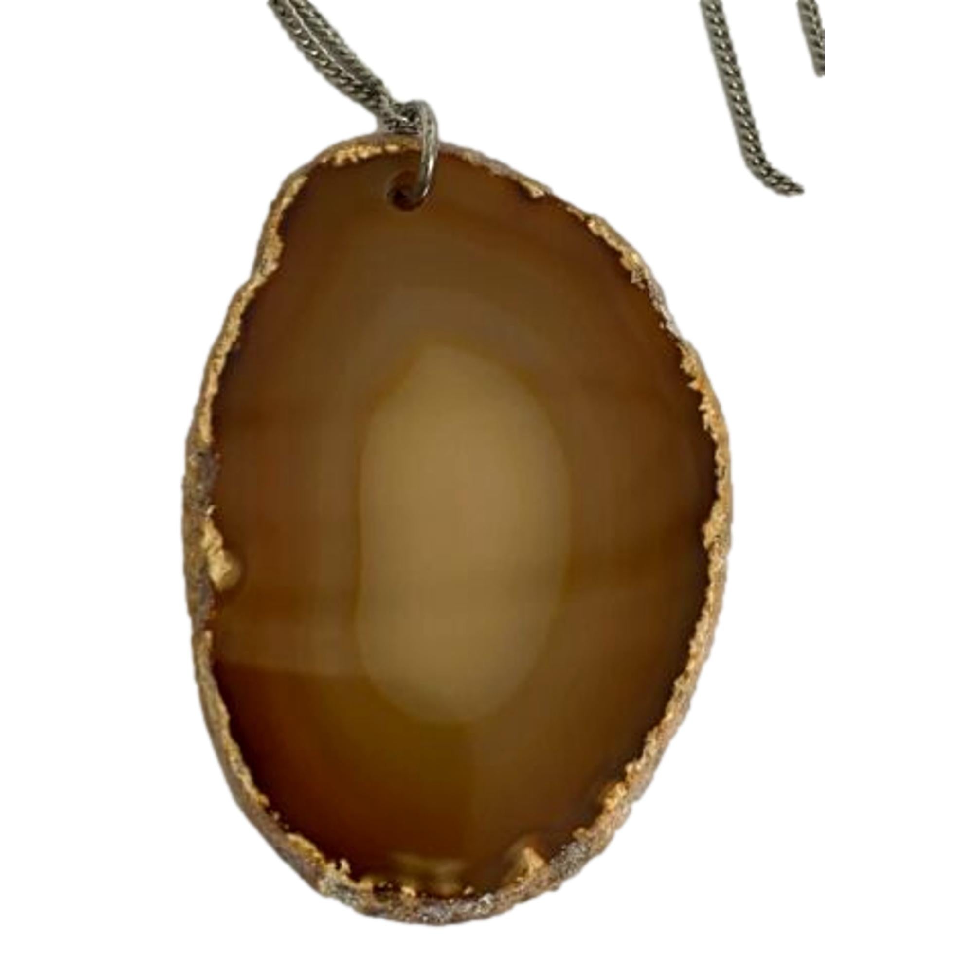 Saint Laurent Agate Necklace Orange Brown Stone Silver Brass Chain available at Queen Bee of Beverly Hills