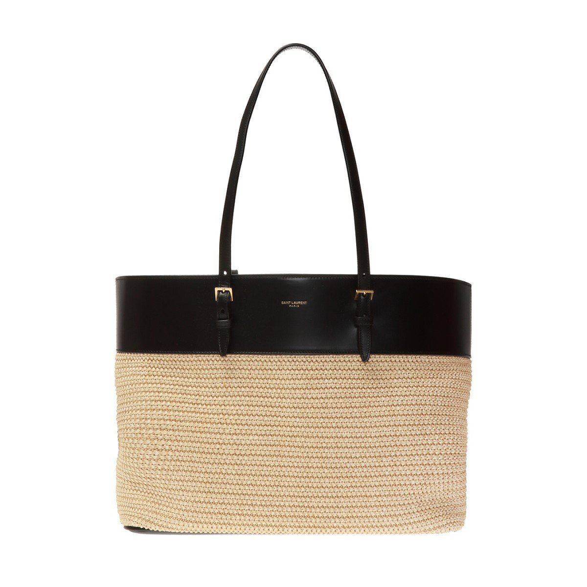 Saint Laurent Boucle Raffia Black Leather Trim Medium Shopping Tote 608962 at_Queen_Bee_of_Beverly_Hills