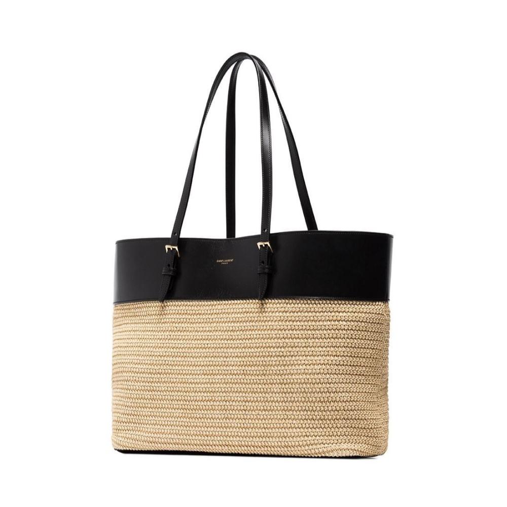 SAINT LAURENT - Panier Studded Leather-Trimmed Woven Raffia Tote - Black  for Women