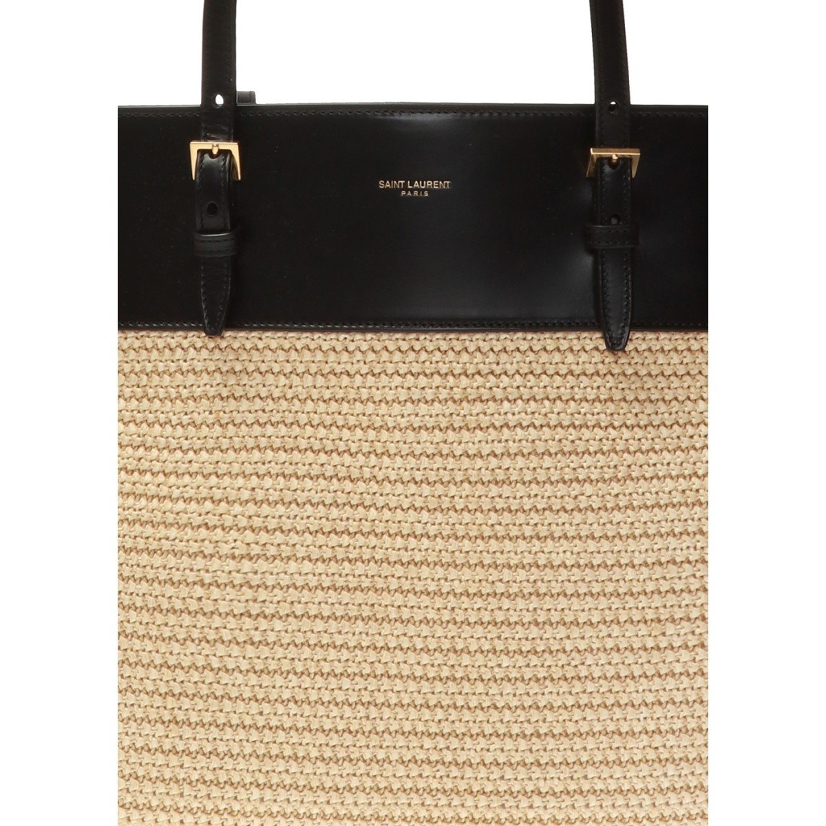 Saint Laurent Boucle Raffia Black Leather Trim Medium Shopping Tote 608962 at_Queen_Bee_of_Beverly_Hills