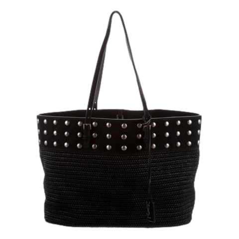 Saint Laurent Boucle Studded Black Raffia Leather Shopping Tote 609067 at_Queen_Bee_of_Beverly_Hills