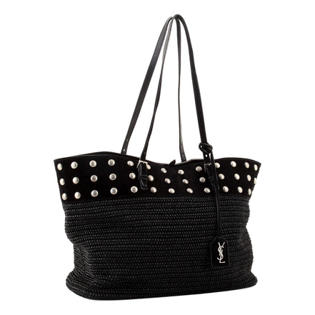 Saint Laurent Boucle Studded Black Raffia Leather Shopping Tote available at Queen Bee of Beverly Hills