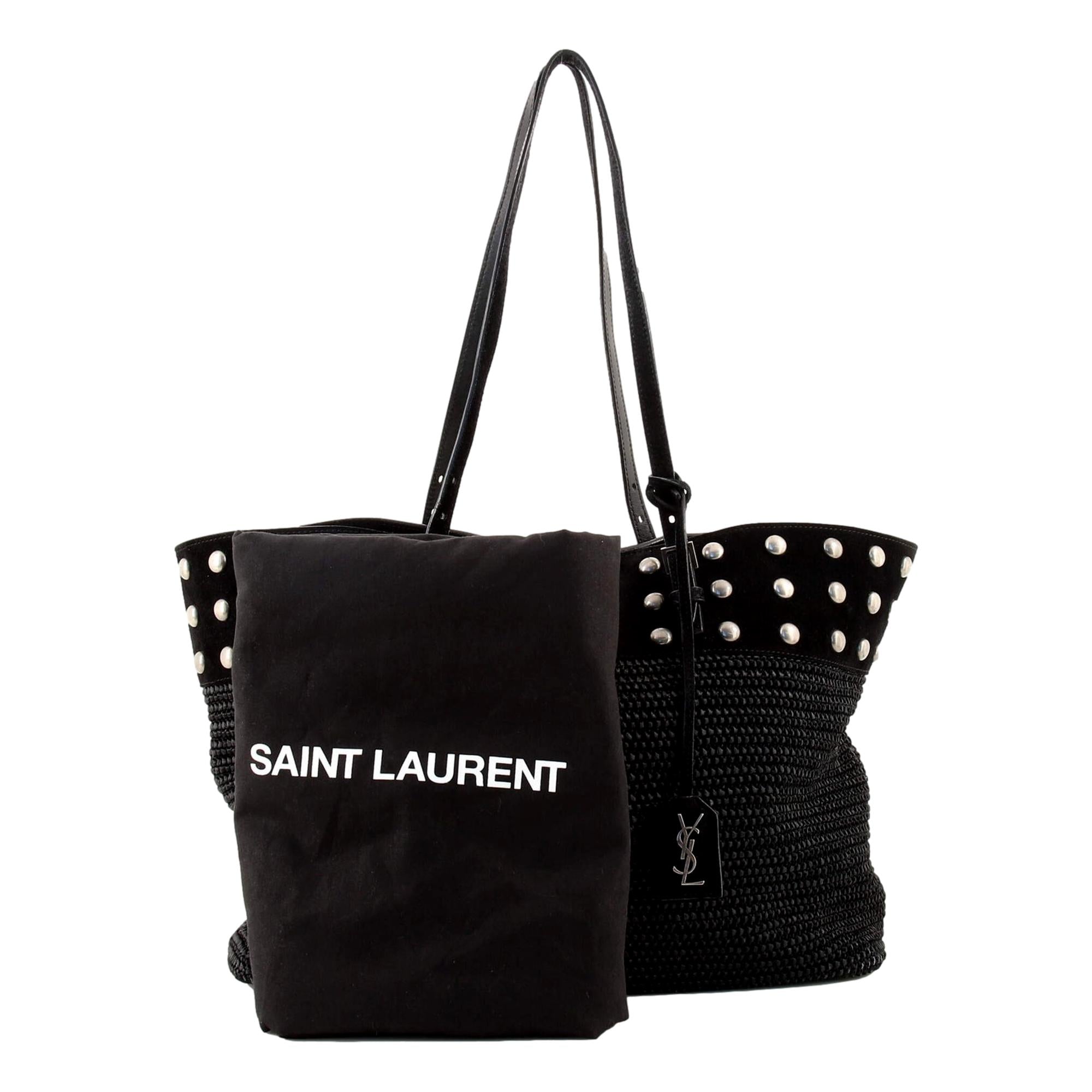 Saint Laurent Boucle Studded Black Raffia Leather Shopping Tote available at Queen Bee of Beverly Hills