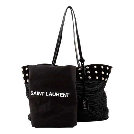 Saint Laurent Boucle Studded Black Raffia Leather Shopping Tote available at Queen Bee of Beverly Hills