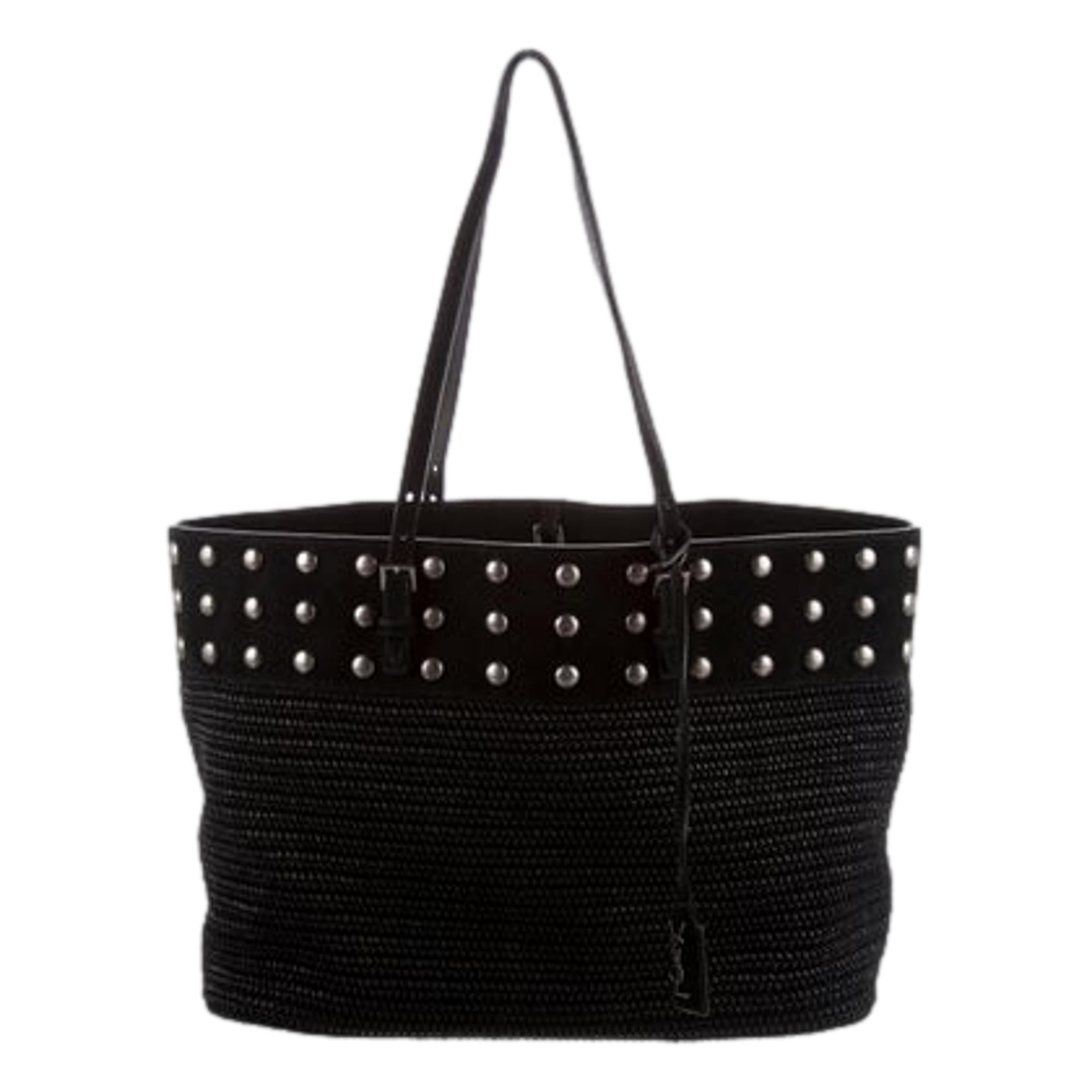 Saint Laurent Boucle Studded Black Raffia Leather Shopping Tote available at Queen Bee of Beverly Hills