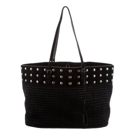 Saint Laurent Boucle Studded Black Raffia Leather Shopping Tote available at Queen Bee of Beverly Hills