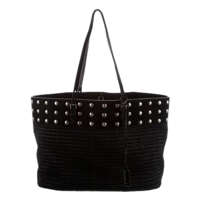 Saint Laurent Boucle Studded Black Raffia Leather Shopping Tote available at Queen Bee of Beverly Hills