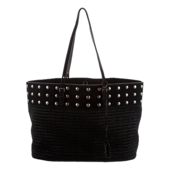 Saint Laurent Boucle Studded Black Raffia Leather Shopping Tote available at Queen Bee of Beverly Hills