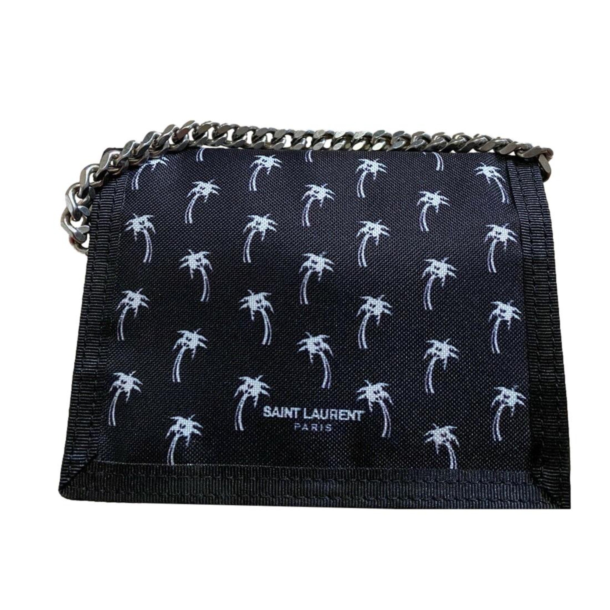 Saint Laurent Buffalo Palm Tree Black Nylon Chain Trifold Wallet 586279 at_Queen_Bee_of_Beverly_Hills