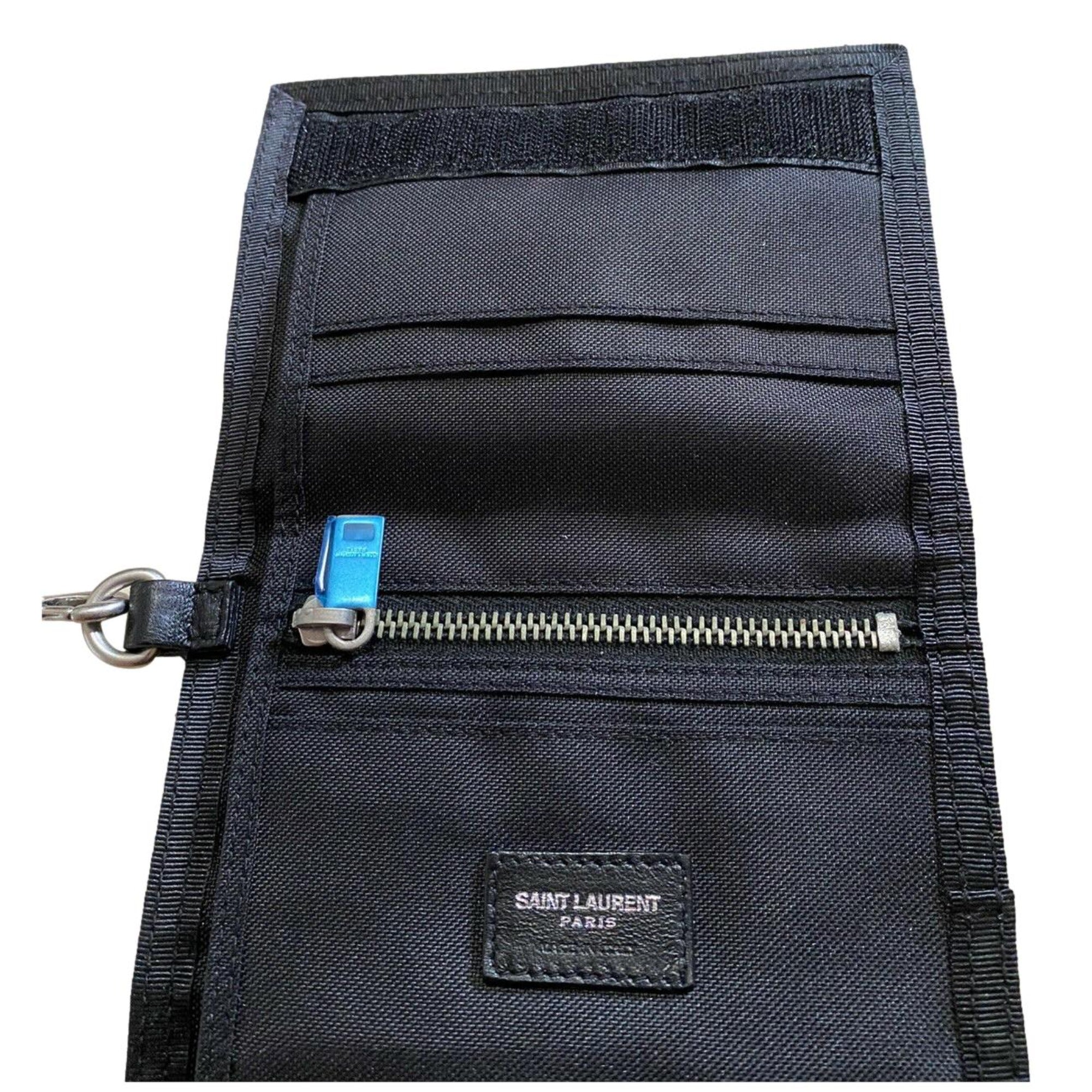 Saint Laurent Buffalo Palm Tree Black Nylon Chain Trifold Wallet available at Queen Bee of Beverly Hills