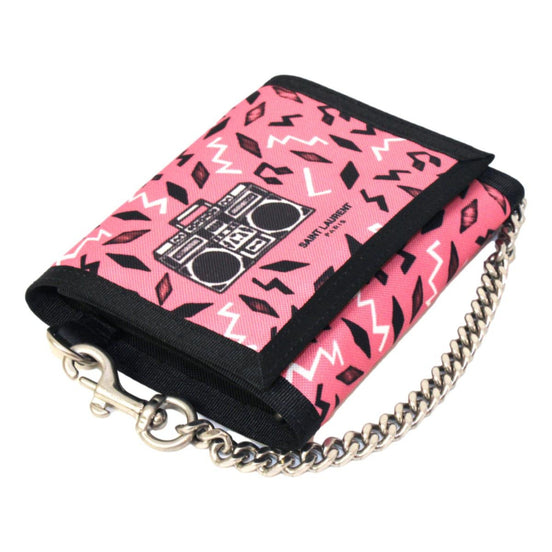 Saint Laurent Buffalo Pink Nylon Radio Chain Trifold Wallet available at Queen Bee of Beverly Hills