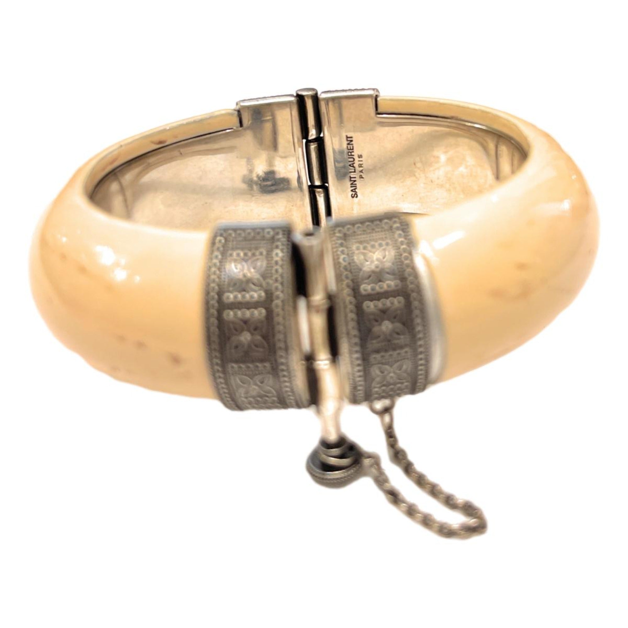 Saint Laurent Ivory Silver Bangle Bracelet available at Queen Bee of Beverly Hills