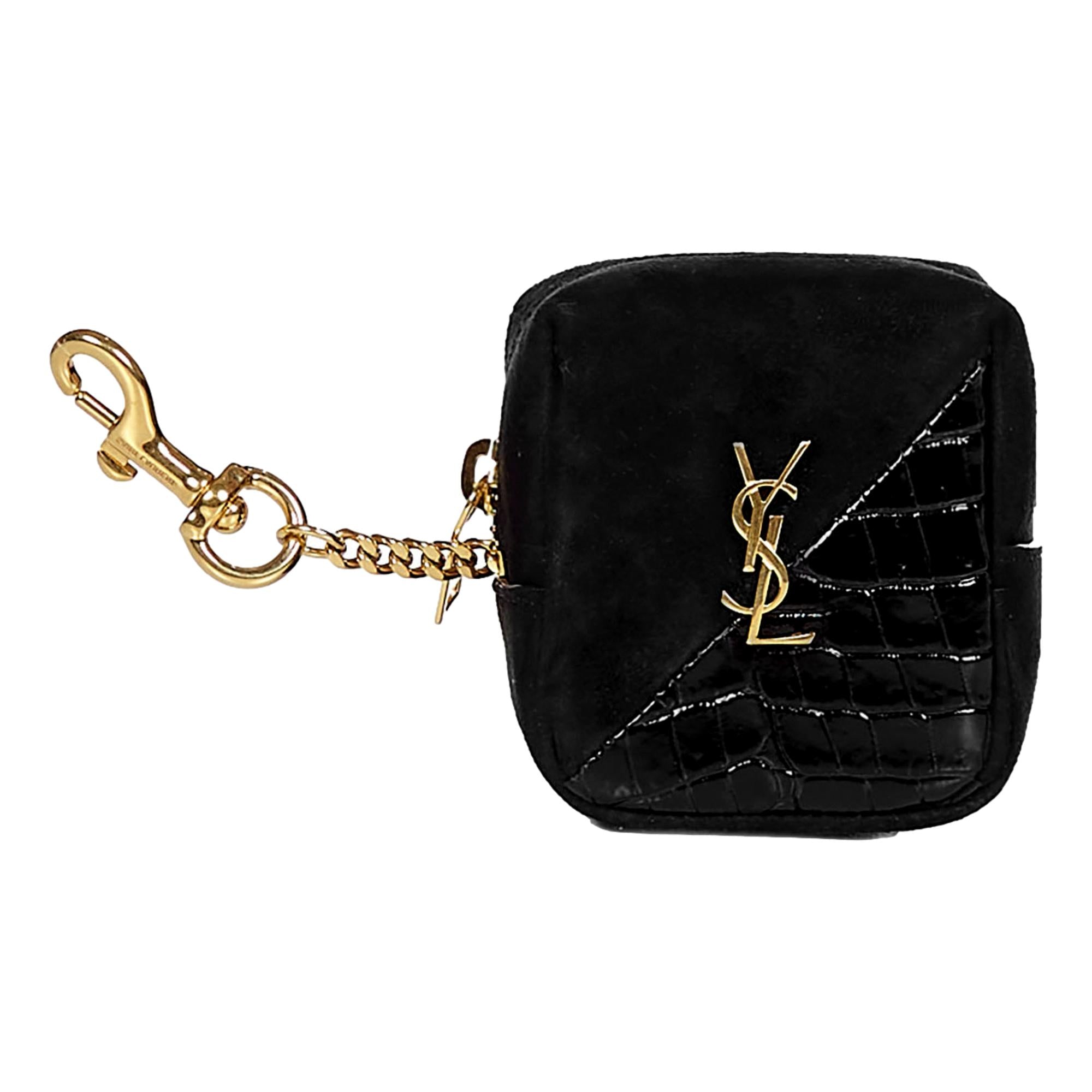 Saint Laurent Jamie YSL Keyring Cube Black Crocodile Print Leather available at Queen Bee of Beverly Hills