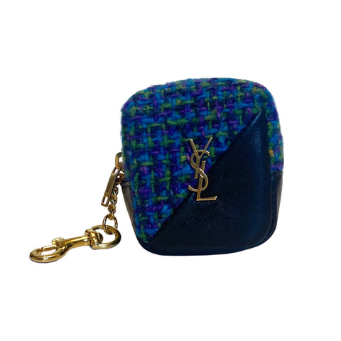 Saint Laurent Jamie YSL Keyring Cube Blue Tweed Black Leather 669964 at_Queen_Bee_of_Beverly_Hills