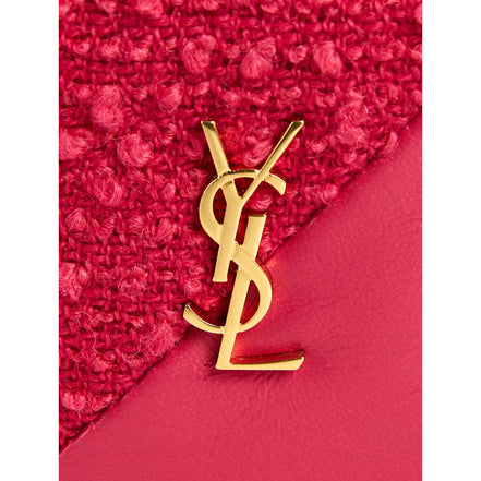 Saint Laurent Jamie YSL Keyring Cube Magenta Tweed Leather available at Queen Bee of Beverly Hills