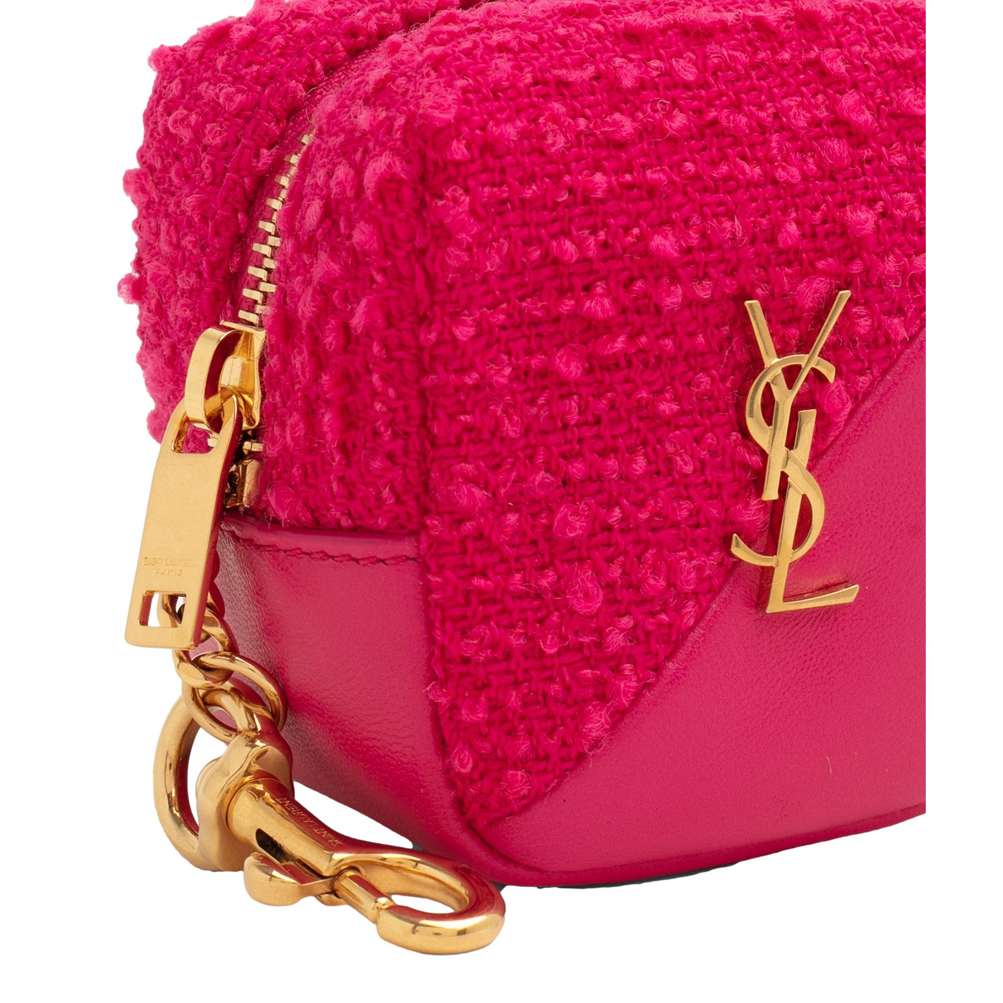 Saint Laurent Jamie YSL Keyring Cube Magenta Tweed Leather available at Queen Bee of Beverly Hills
