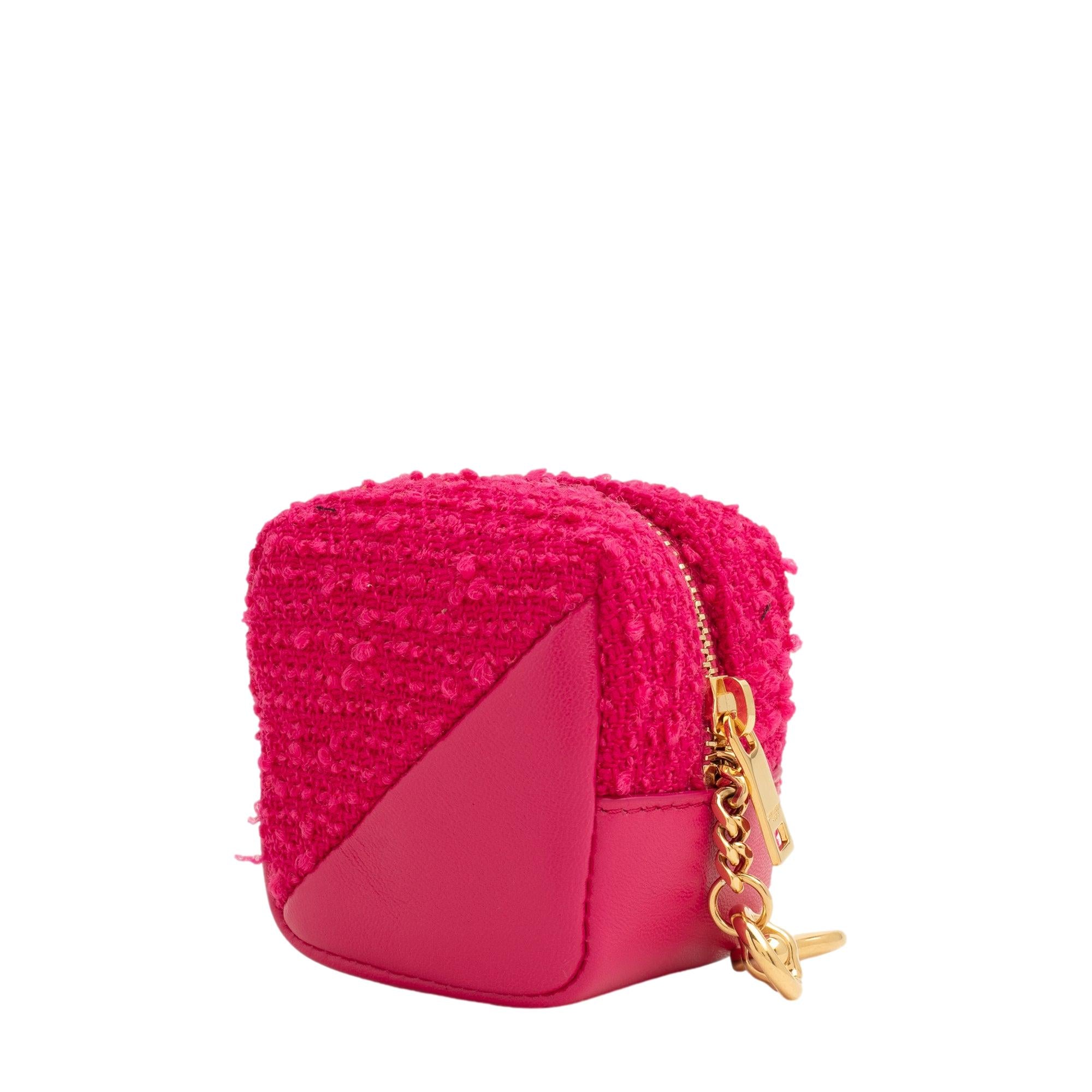Saint Laurent Jamie YSL Keyring Cube Magenta Tweed Leather available at Queen Bee of Beverly Hills