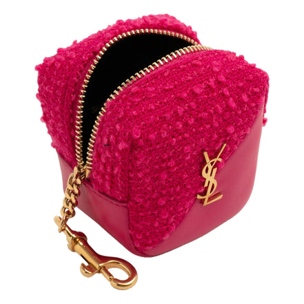 Saint Laurent Jamie YSL Keyring Cube Magenta Tweed Leather available at Queen Bee of Beverly Hills