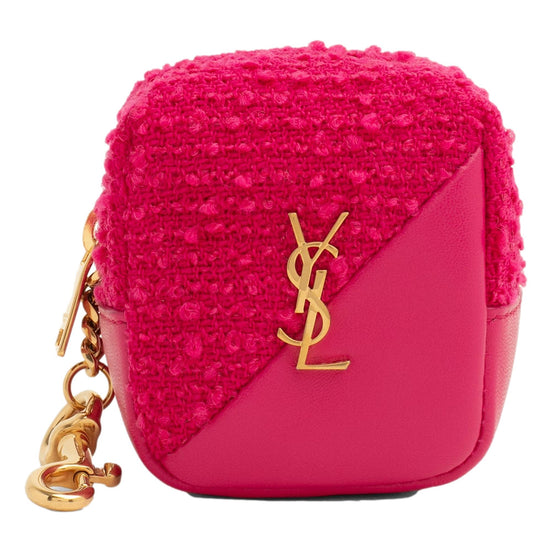 Saint Laurent Jamie YSL Keyring Cube Magenta Tweed Leather available at Queen Bee of Beverly Hills