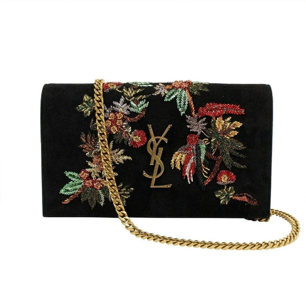 Saint Laurent Kate Black Suede Monogramme Embroidered Parrots 471286 at_Queen_Bee_of_Beverly_Hills