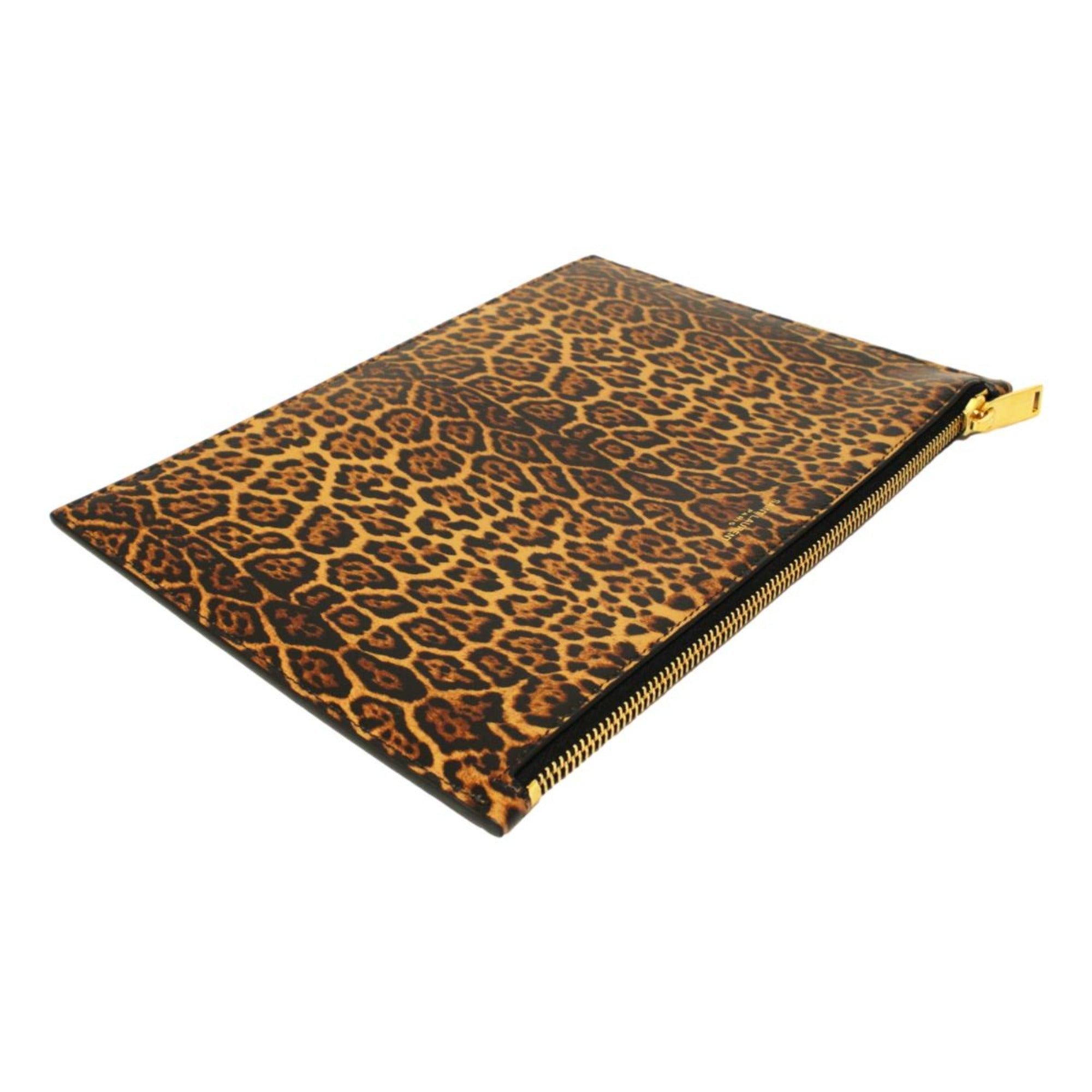 Saint Laurent Leopard Printed Calfskin Leather Medium Pouch available at Queen Bee of Beverly Hills