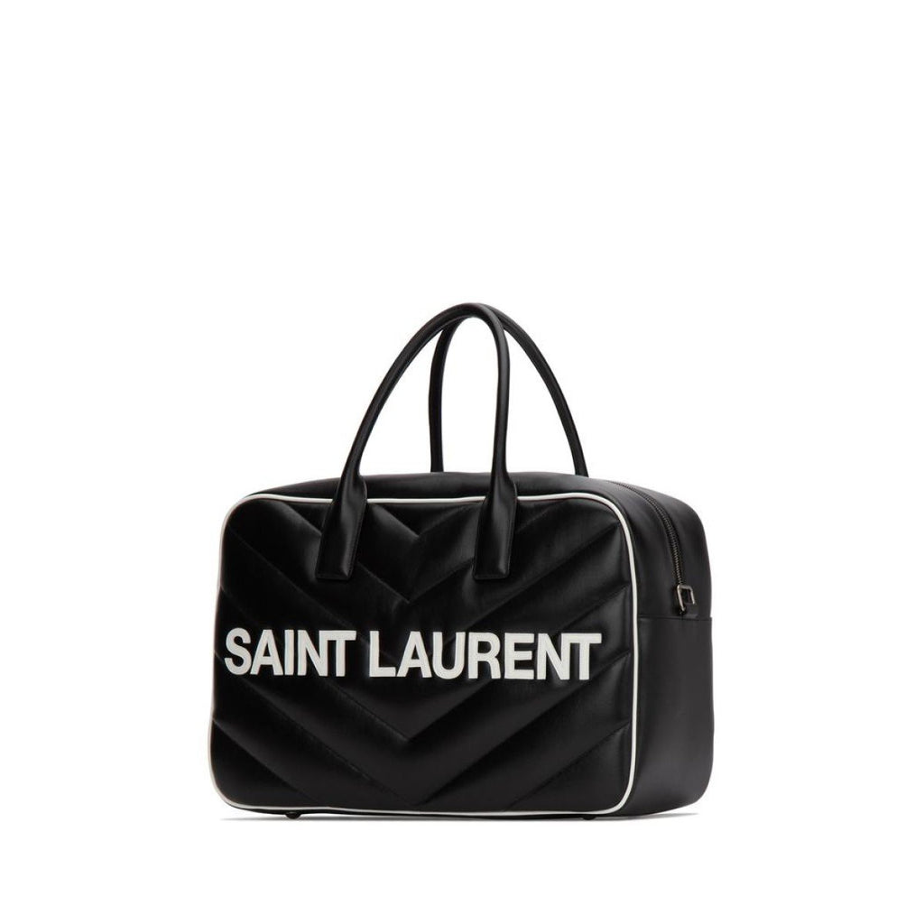 Saint Laurent Miles Logo Black Calf Leather Duffel Bowling Bag 525145 at_Queen_Bee_of_Beverly_Hills