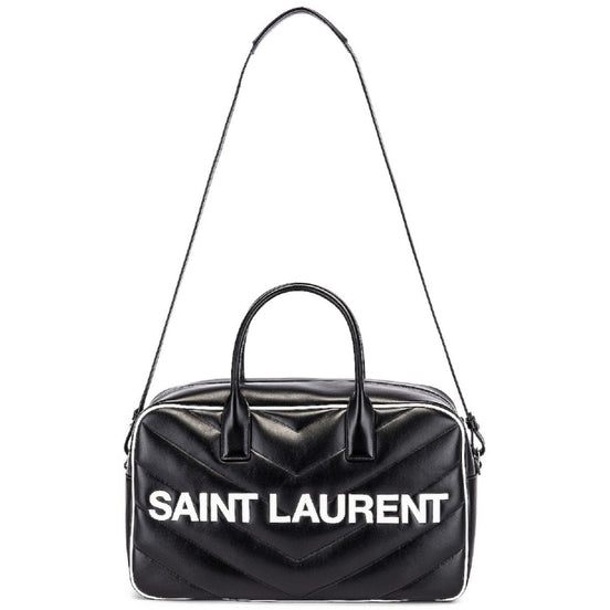 Saint Laurent Miles Logo Black Calf Leather Duffel Bowling Bag available at Queen Bee of Beverly Hills