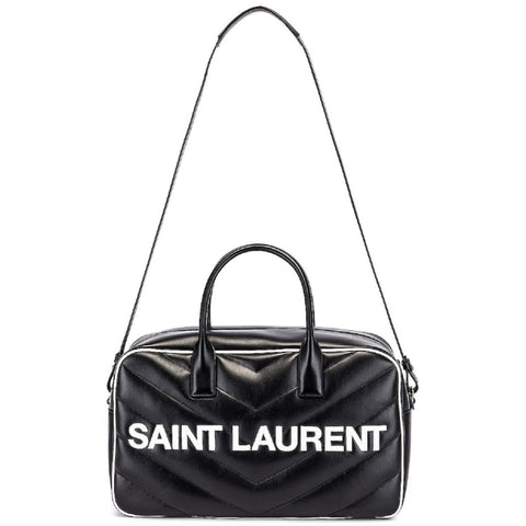 Saint Laurent Miles Logo Black Calf Leather Duffel Bowling Bag available at Queen Bee of Beverly Hills