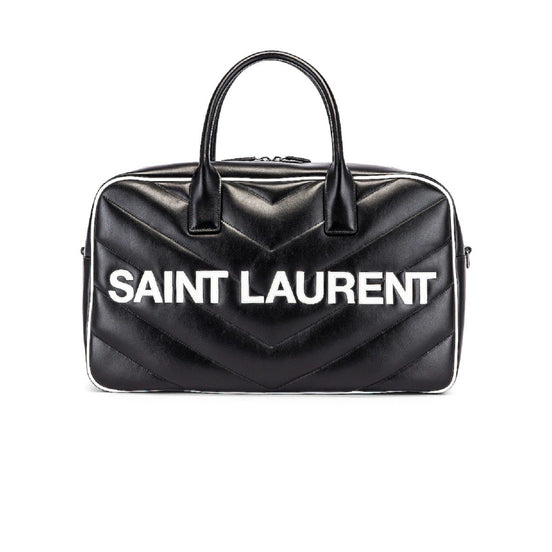 Saint Laurent Miles Logo Black Calf Leather Duffel Bowling Bag available at Queen Bee of Beverly Hills