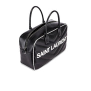 Saint Laurent Miles Logo Black Calf Leather Duffel Bowling Bag available at Queen Bee of Beverly Hills