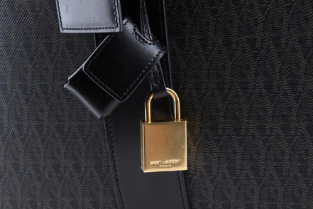 Saint Laurent Monogram Large Luggage Case Bag Dark Brown Coated Canvas available at Queen Bee of Beverly Hills
