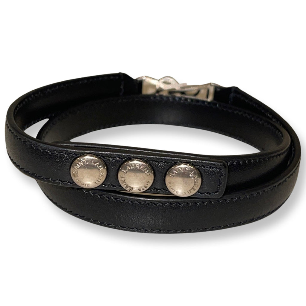 Saint Laurent Monogram Logo Black Leather Wrap Snap Bracelet at_Queen_Bee_of_Beverly_Hills
