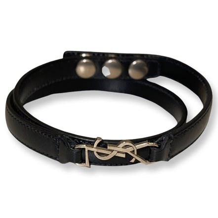 Saint Laurent Monogram Logo Black Leather Wrap Snap Bracelet available at Queen Bee of Beverly Hills
